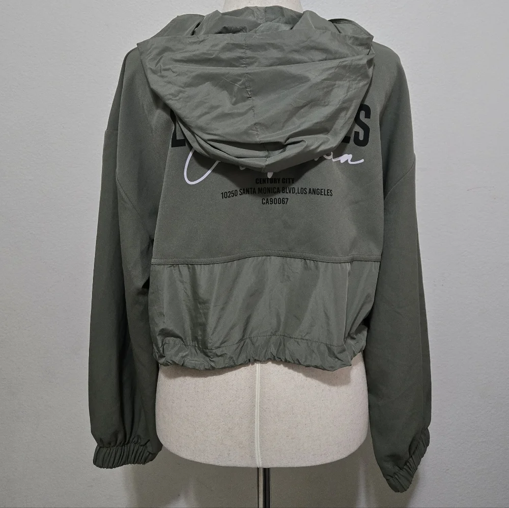 ZARA Olive Green Los Angeles Hoodie Half Zip Cropped Pullover Size Large - Picture 5 of 16
